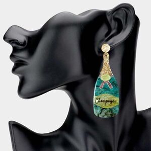 Champagne Bottle Green Glittered Acetate Dangle Earrings